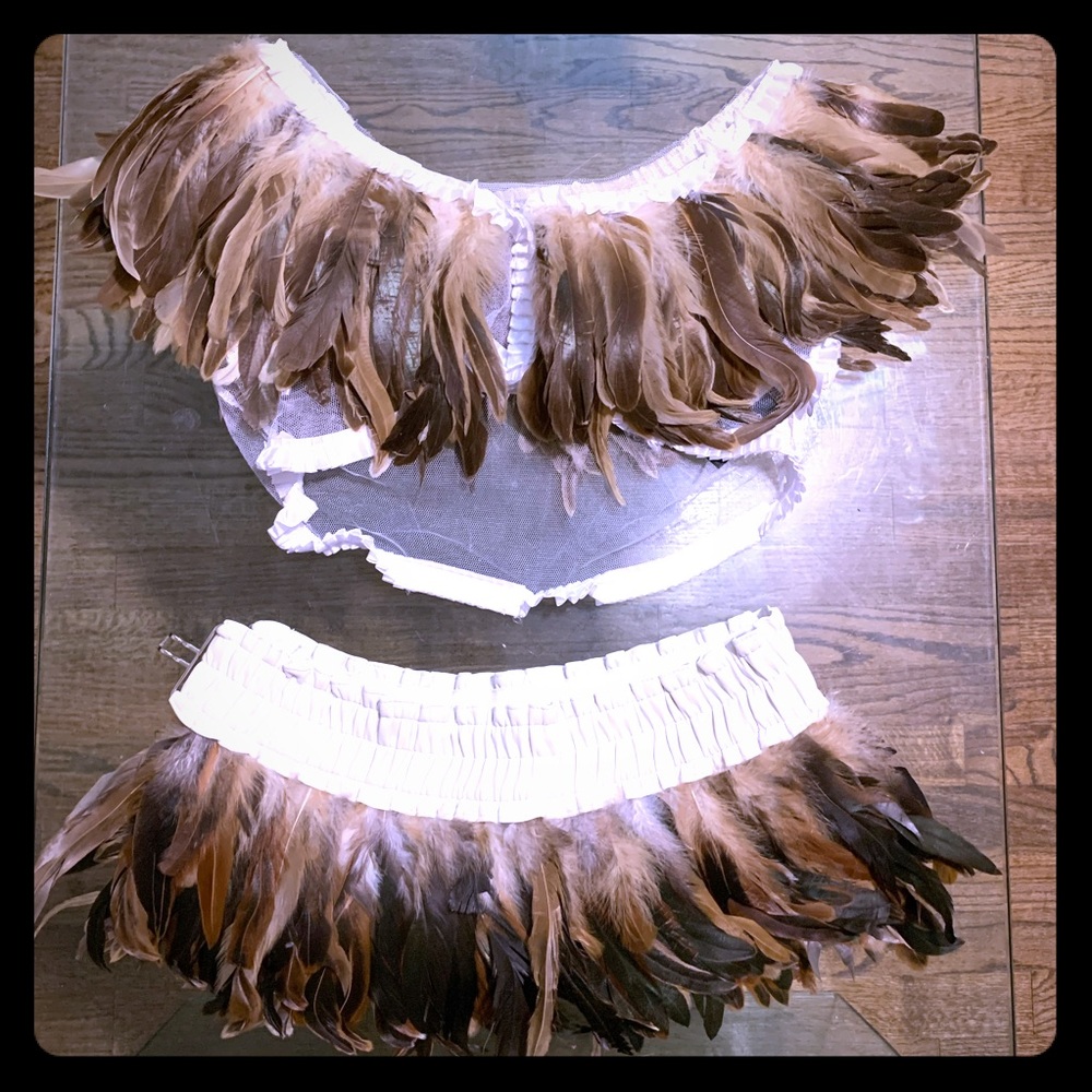 Feather Trim Two-Piece Set - Brown Feather Accent